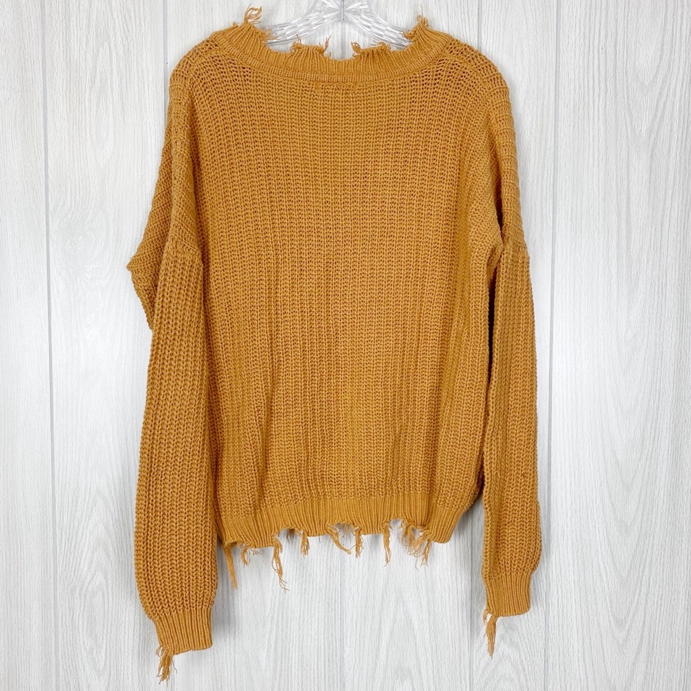 Andree by Unit | Mustard Yellow Knit Frayed V-Neck Pullover Sweater Size Large - Picture 2 of 14